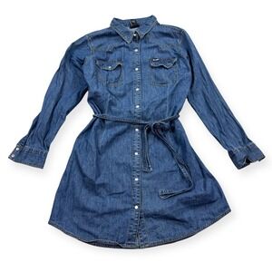 Wrangler Retro Shirt Dress Women's XL Blue Pearl Snap Long Sleeve Belted Western